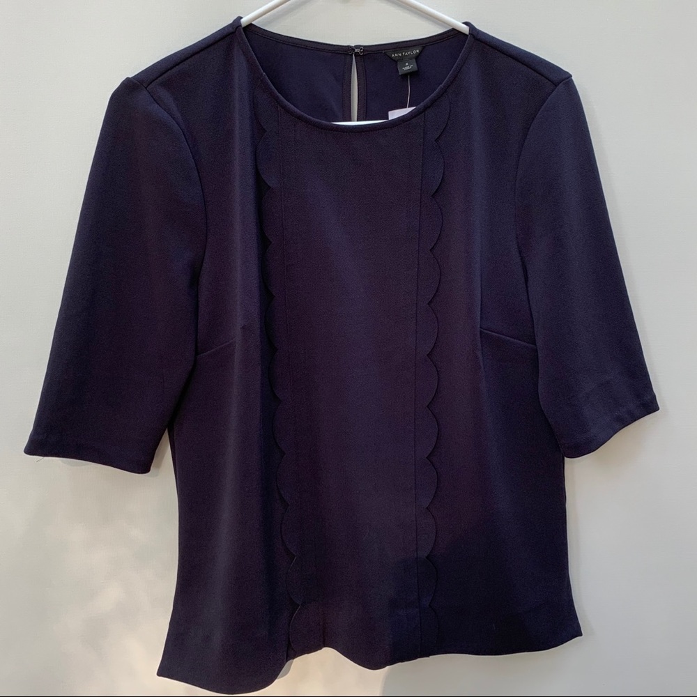 Ann Taylor Navy Blouse With Ruffles Keyhole back